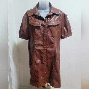 Brown Faux Leather Shirt Dress